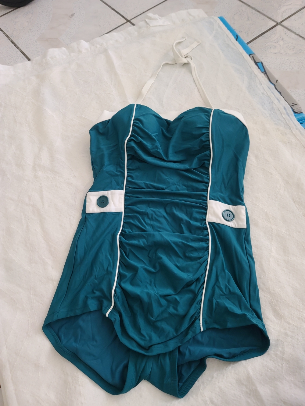 Modcloth Teal One-Piece Swimsuit with White Trim